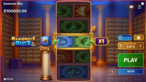 Tampilan antarmuka slot Banknote Blitz dengan desain brankas mewah